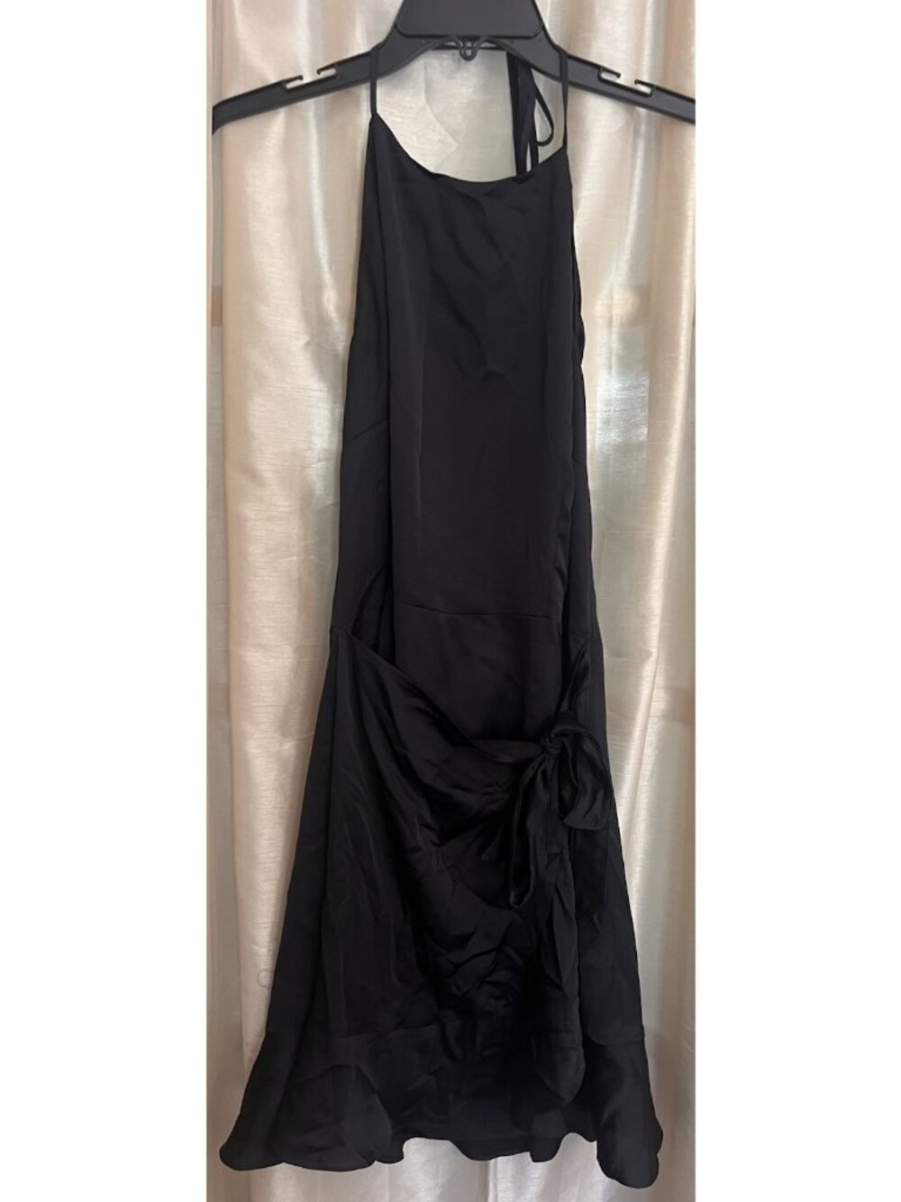 Abercrombie & Fitch 2010s Y2K Flowy Satin Black Halter Wrap Dress Size Large. Jj